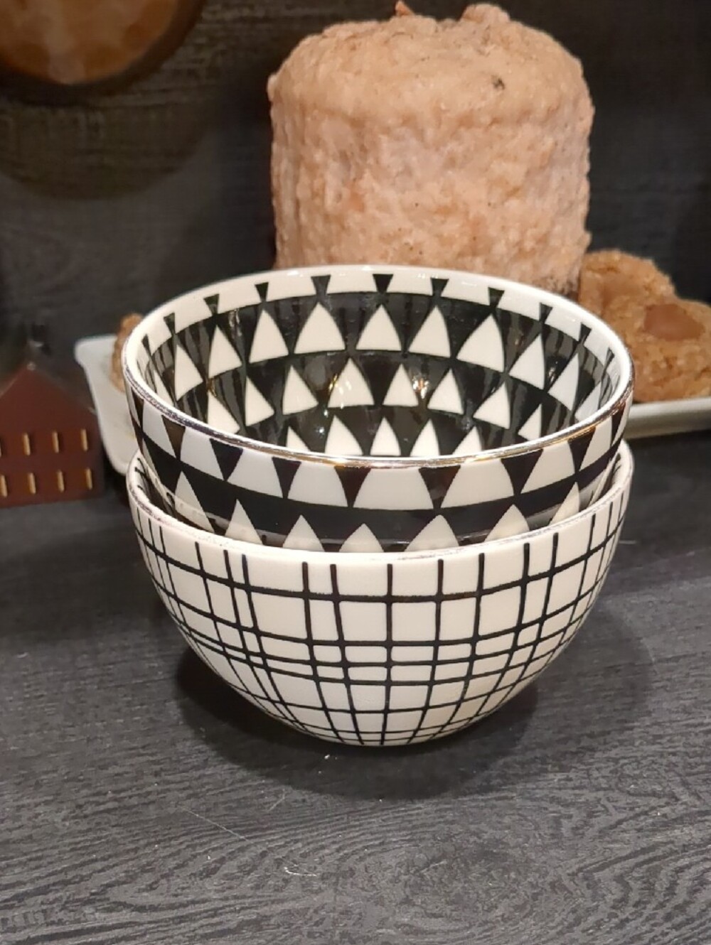 Thyme & Table Black & White Stoneware Bowls - Set of 2 Geometric Gold Rim
